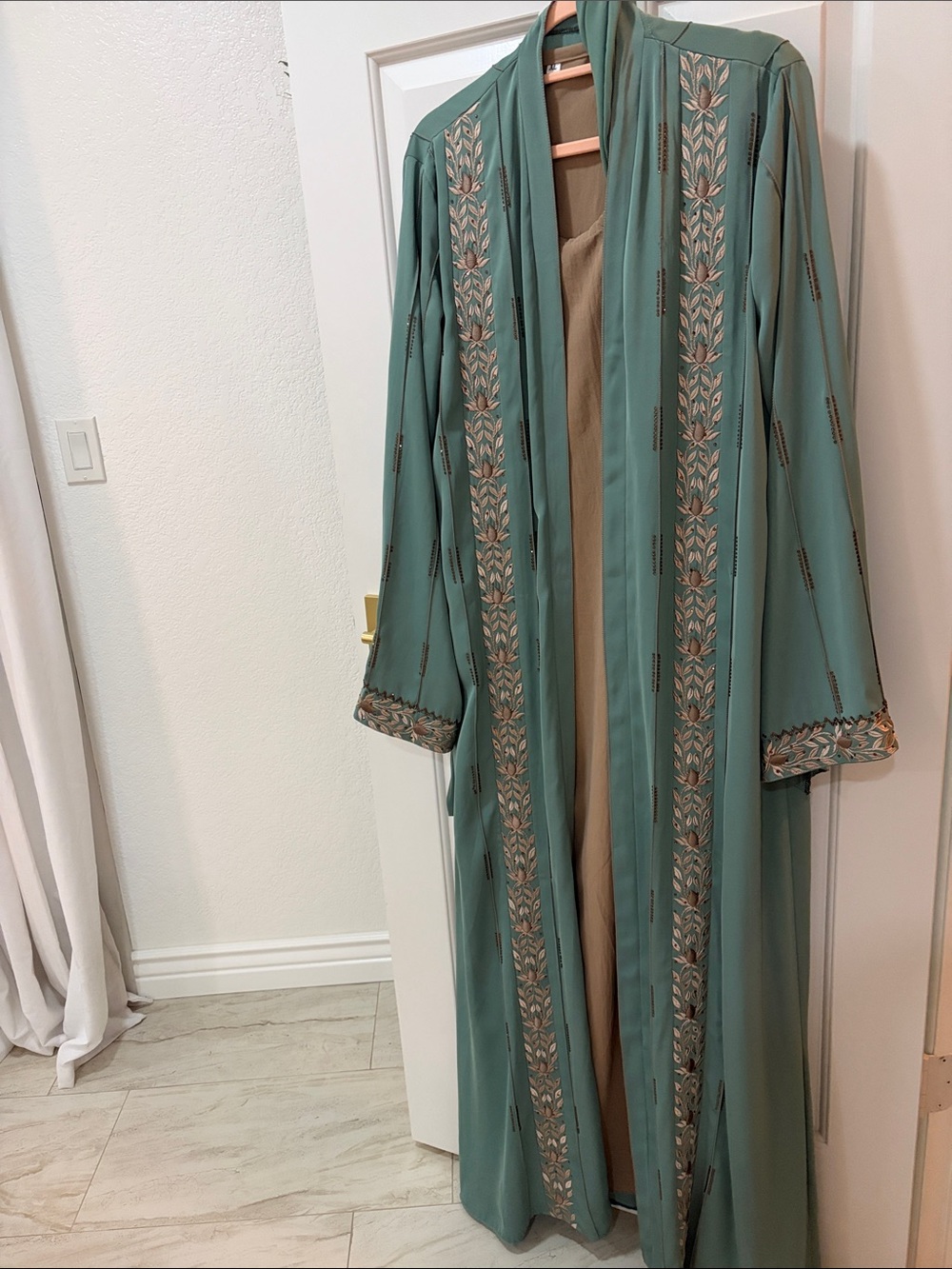 Dubai Abaya 3-piece set - Embroidered and Jeweled Open Front Pistacho Abaya